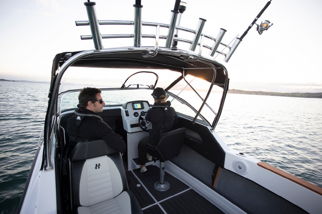 Optional bimini with rocket launchers. Large side pockets to store your gear. | REDHOT Marine