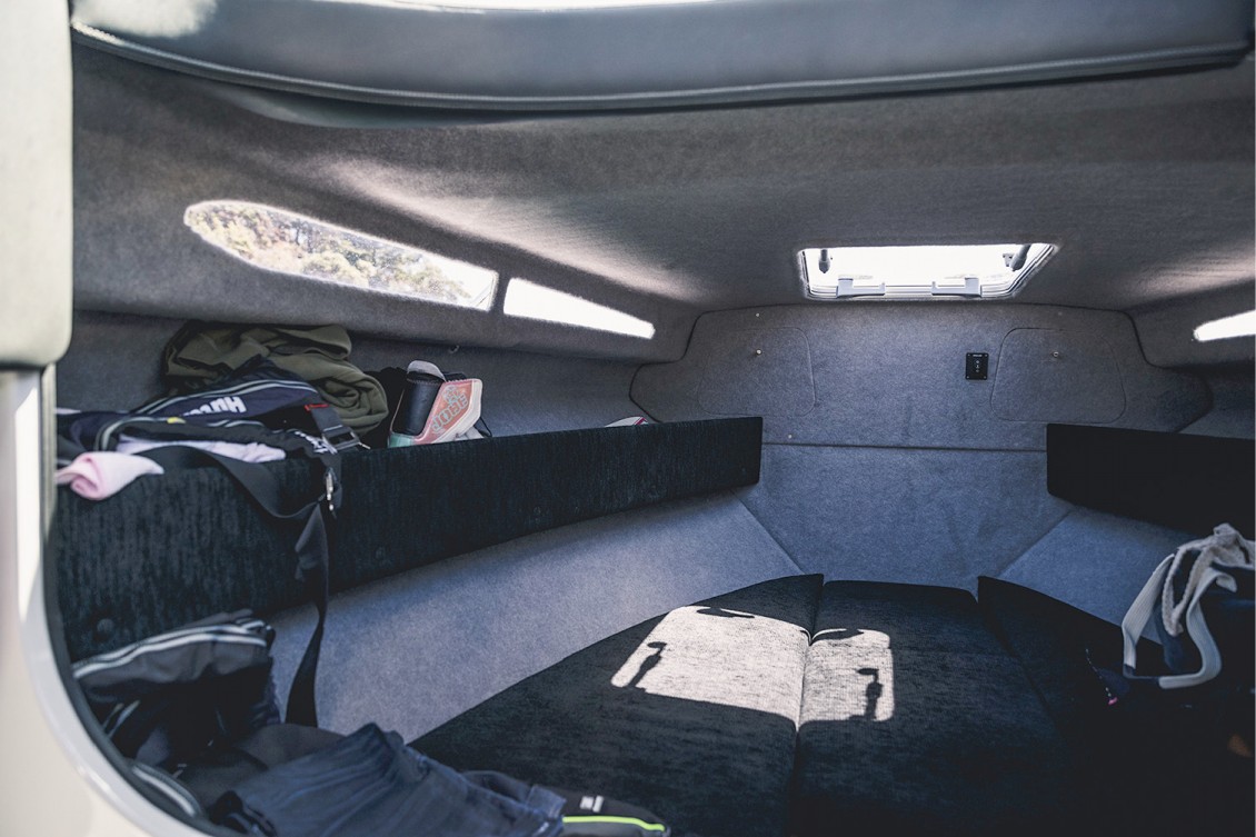 Room for all your gear, or sleep out overnight with the wide v-berth | Haines Hunter